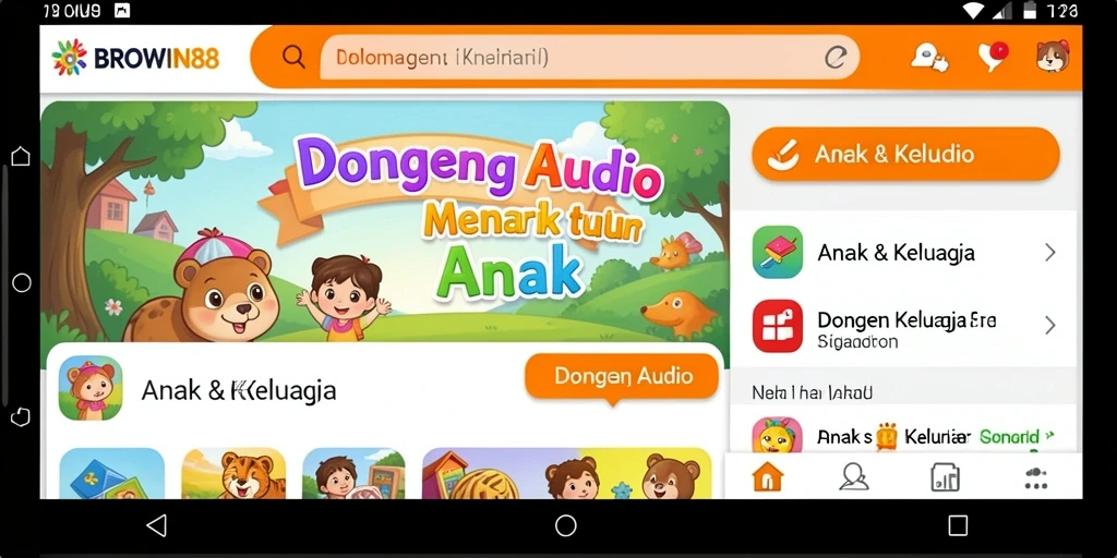 Tampilan antarmuka aplikasi BROWIN88 yang ramah anak untuk mendengarkan dongeng audio.